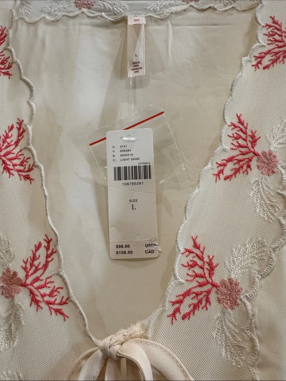 Anthropologie Cream Short Pajama Set with Coral Embroidery